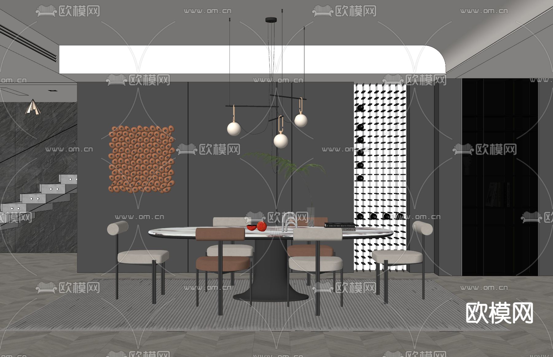 现代高级灰餐厅su模型下载（渲染图2）