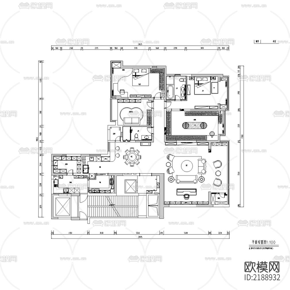 欧式大平层豪宅CAD平面图-免费3dmax模型库-欧模网