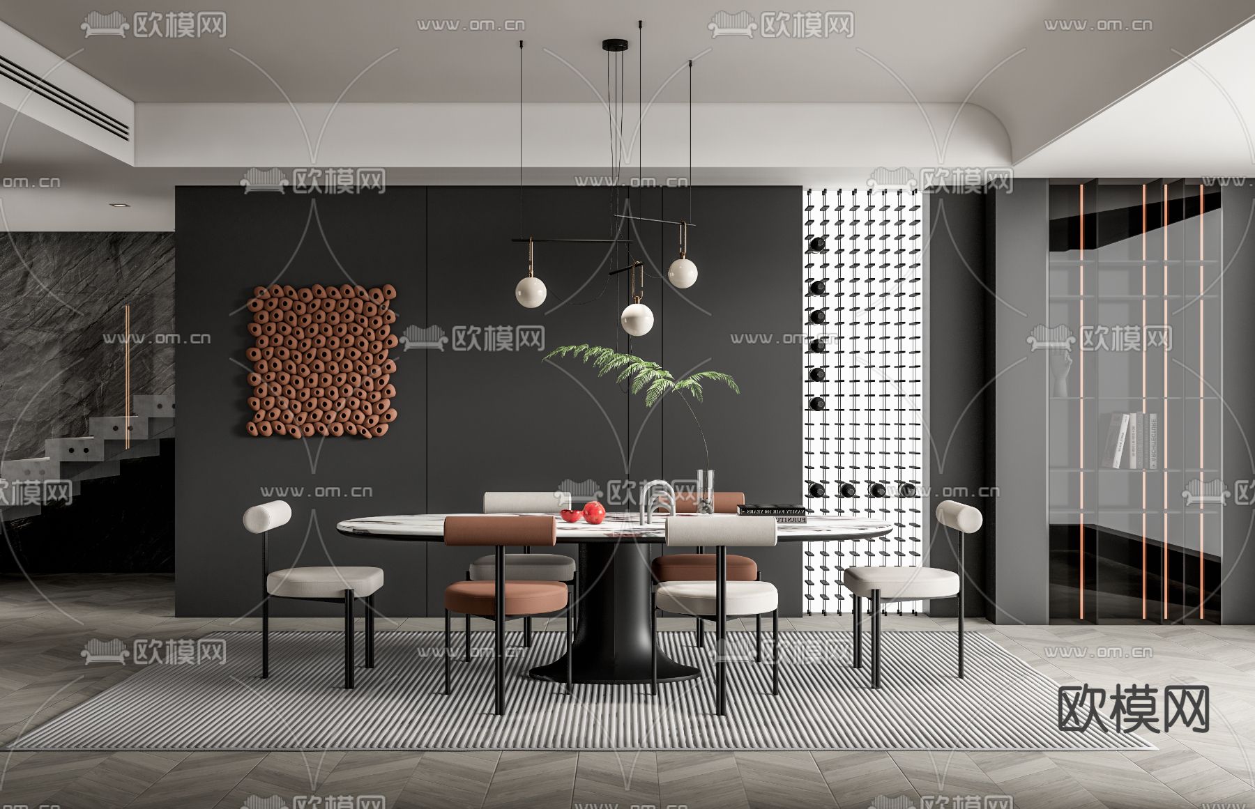 现代高级灰餐厅su模型下载（渲染图1）