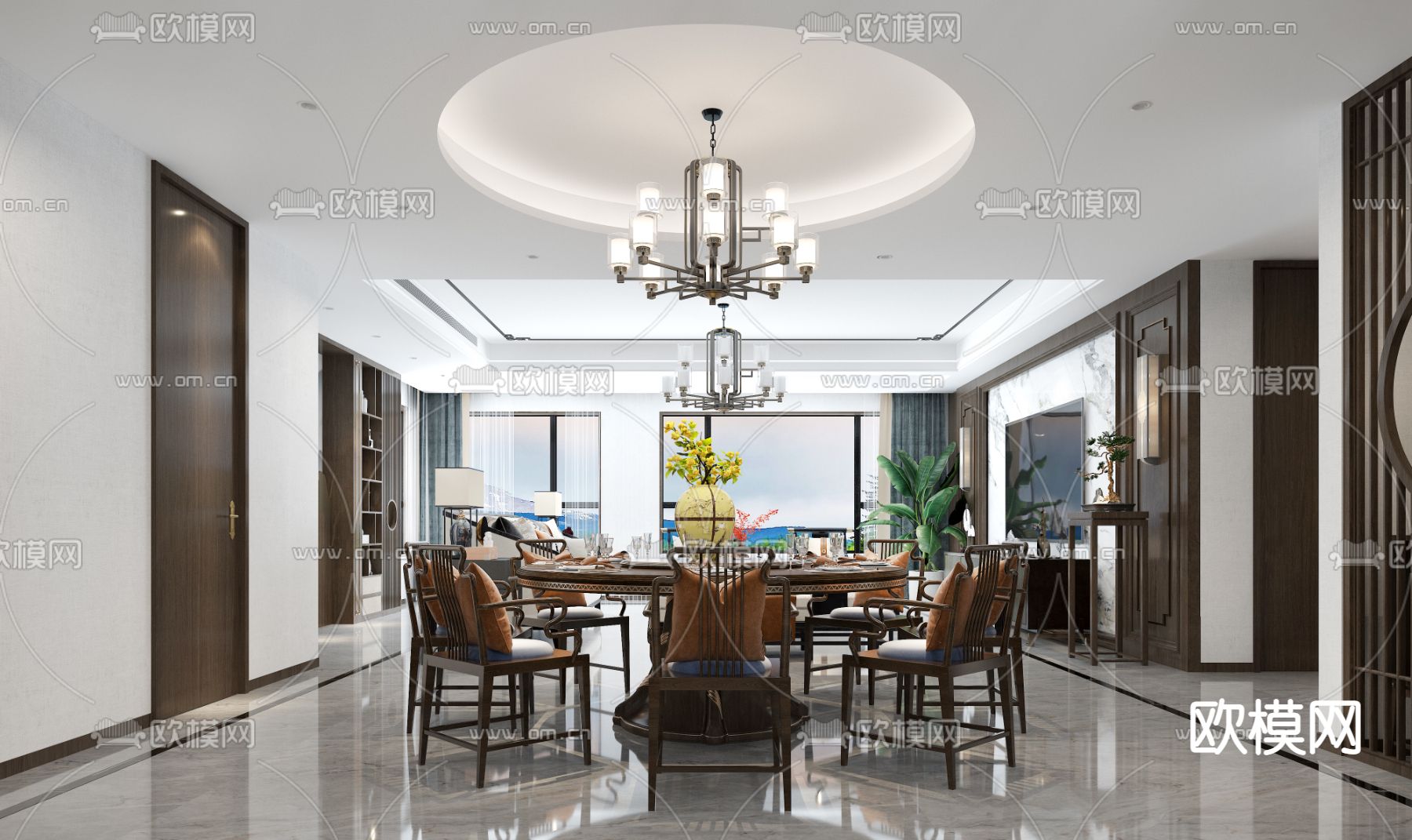 新中式客餐厅卧室免费3d模型下载（渲染图4）