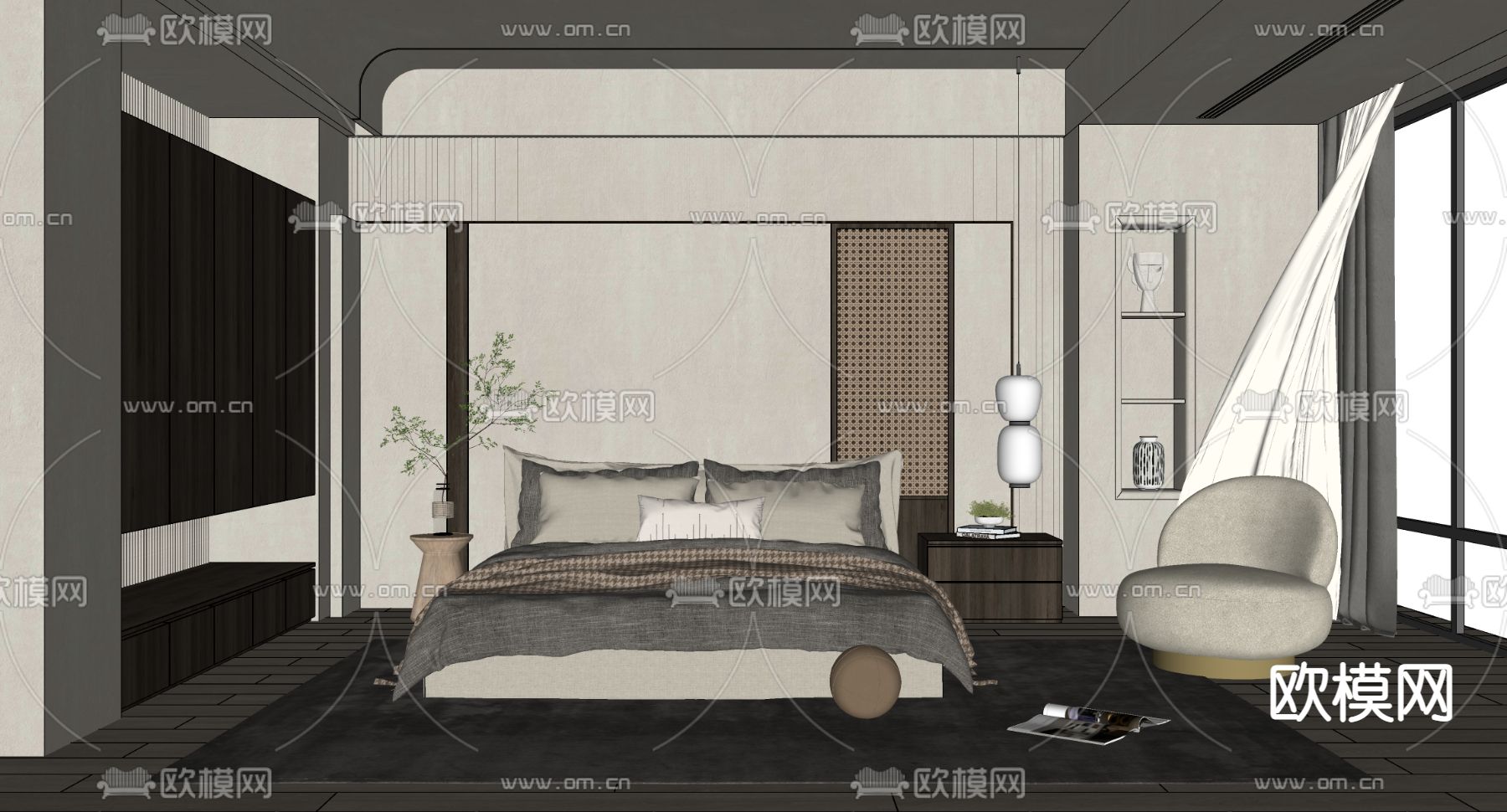 侘寂风卧室主人房su模型下载（渲染图2）