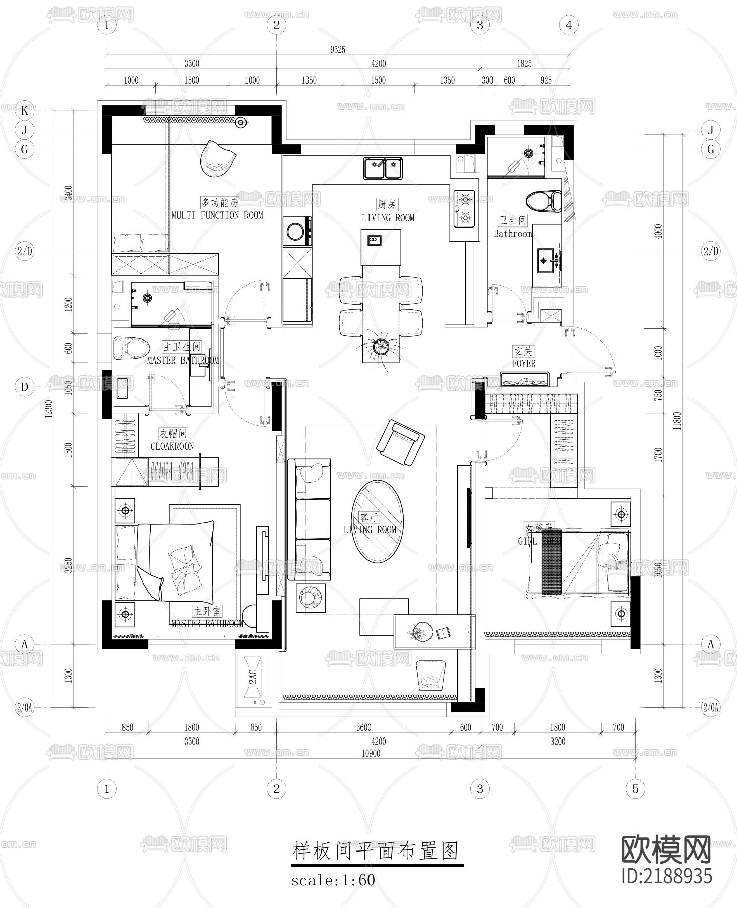 欧式大平层豪宅CAD平面图下载（渲染图1）