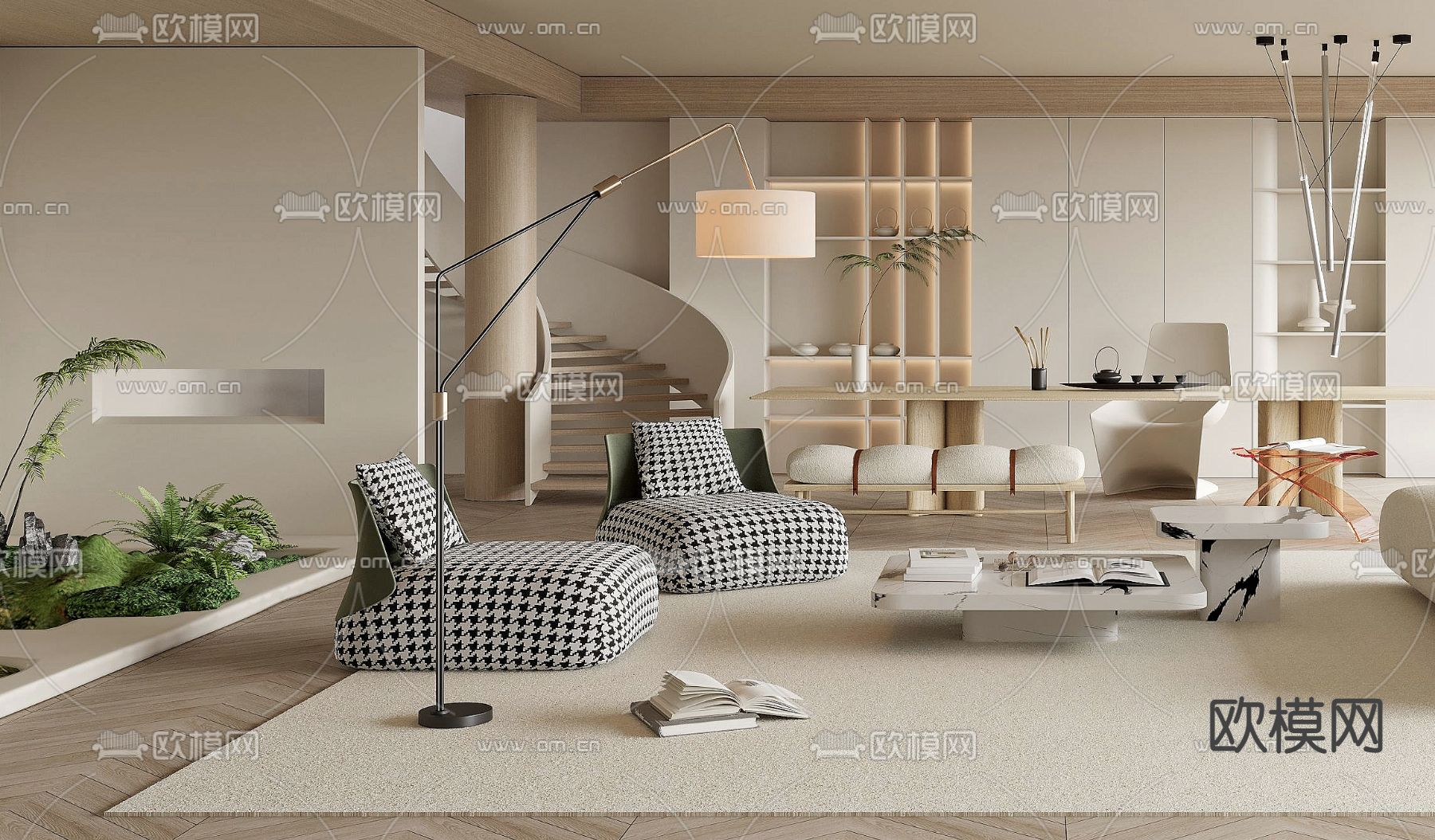 现代奶油风复式客厅3d模型下载_ID12025985_3dmax免费模型-欧模网