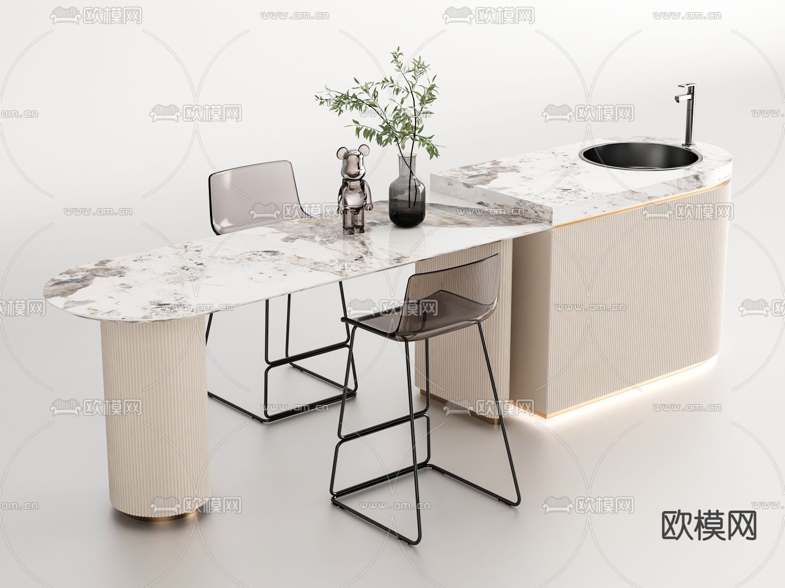 现代大理石吧台吧台椅3d模型下载