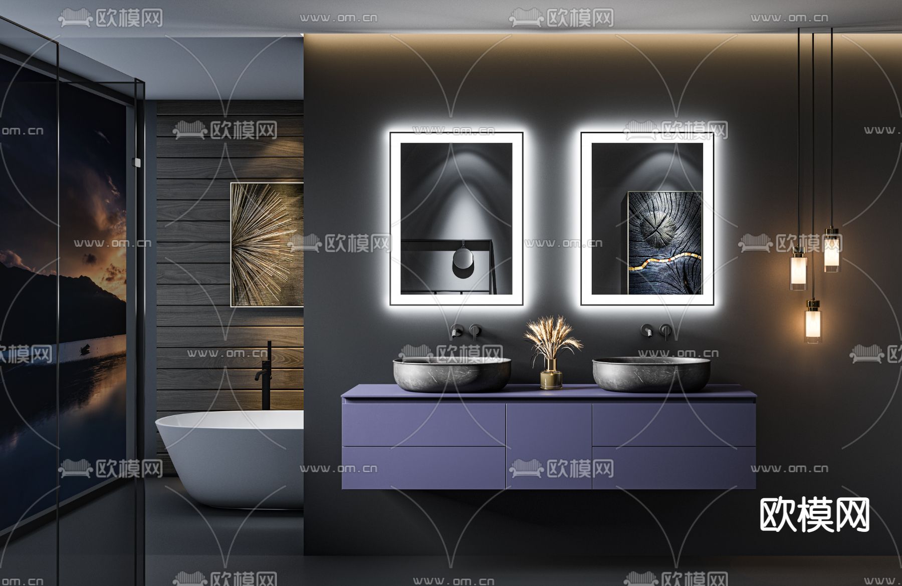 现代轻奢浴室柜双盆洗手台3d模型下载（渲染图1）