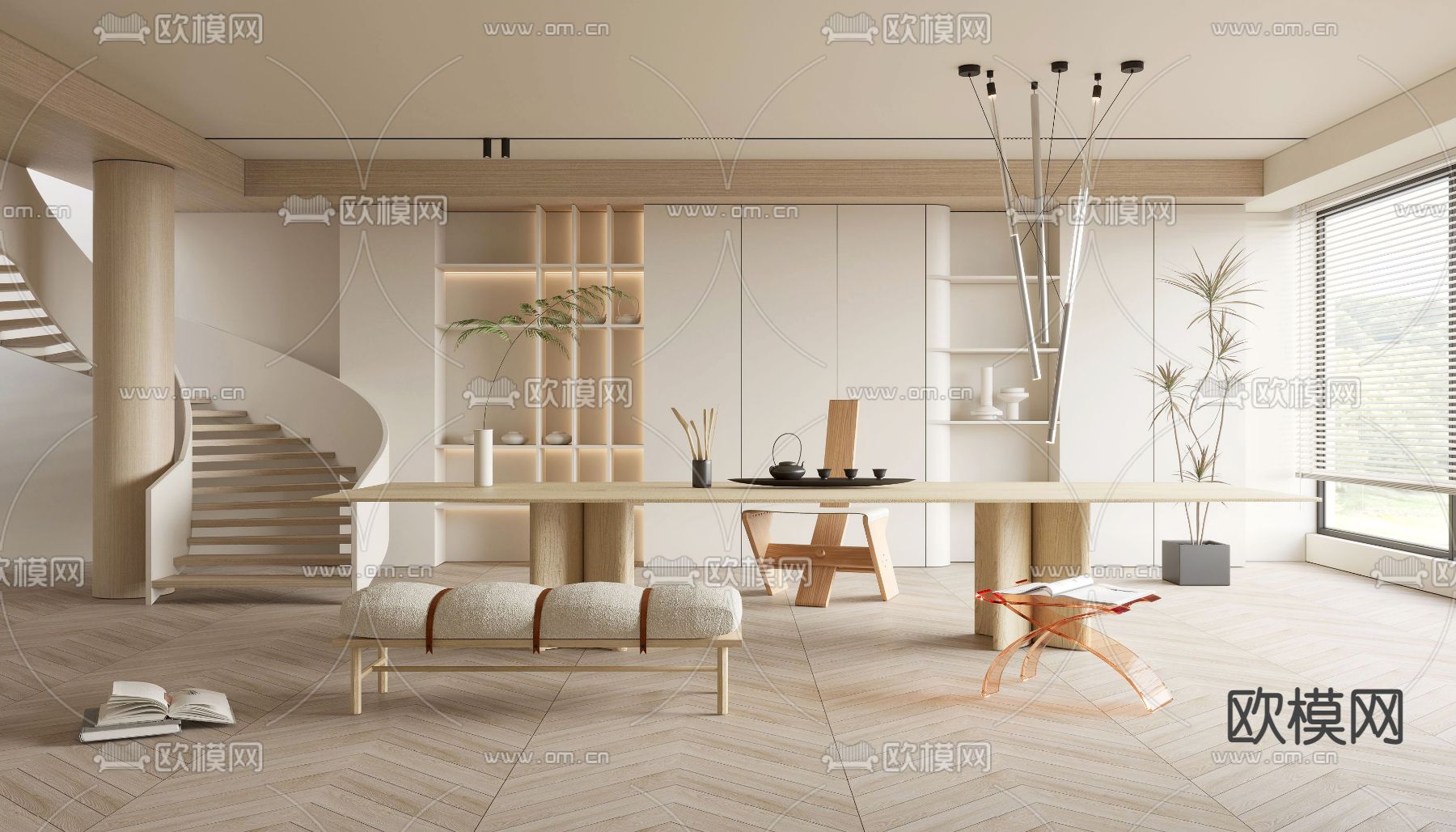 侘寂奶油风茶室3d模型下载（渲染图1）