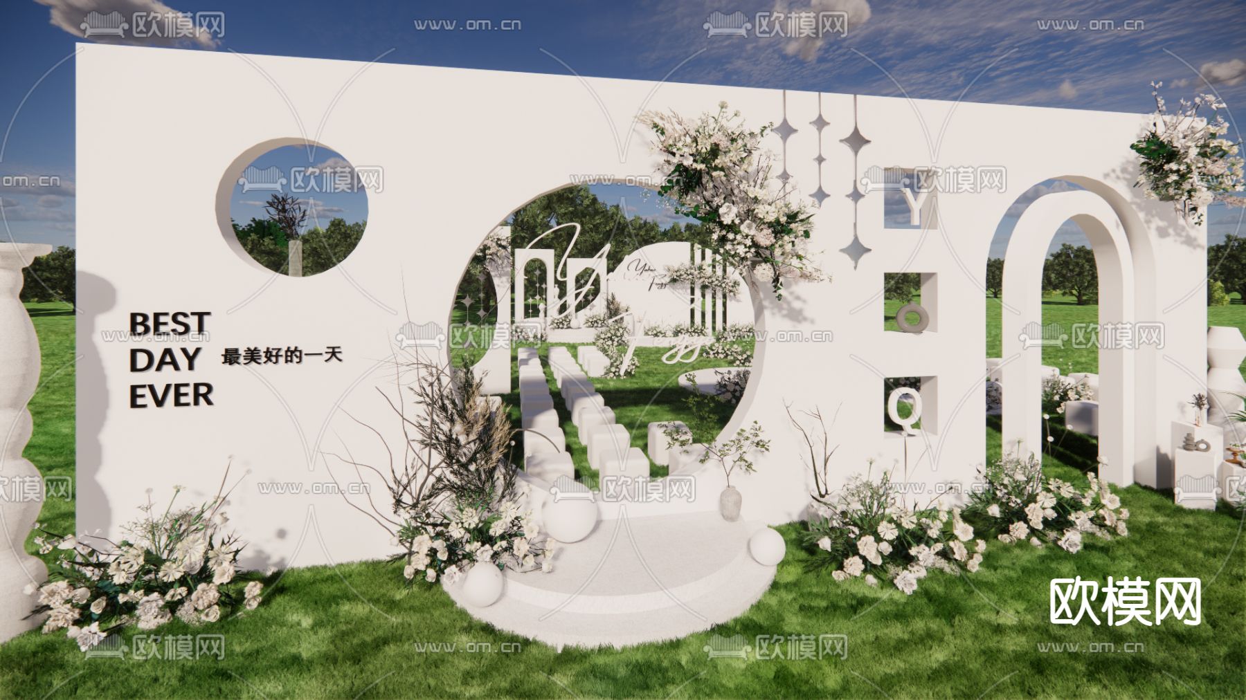 现代白绿色草坪婚礼su模型下载（渲染图2）