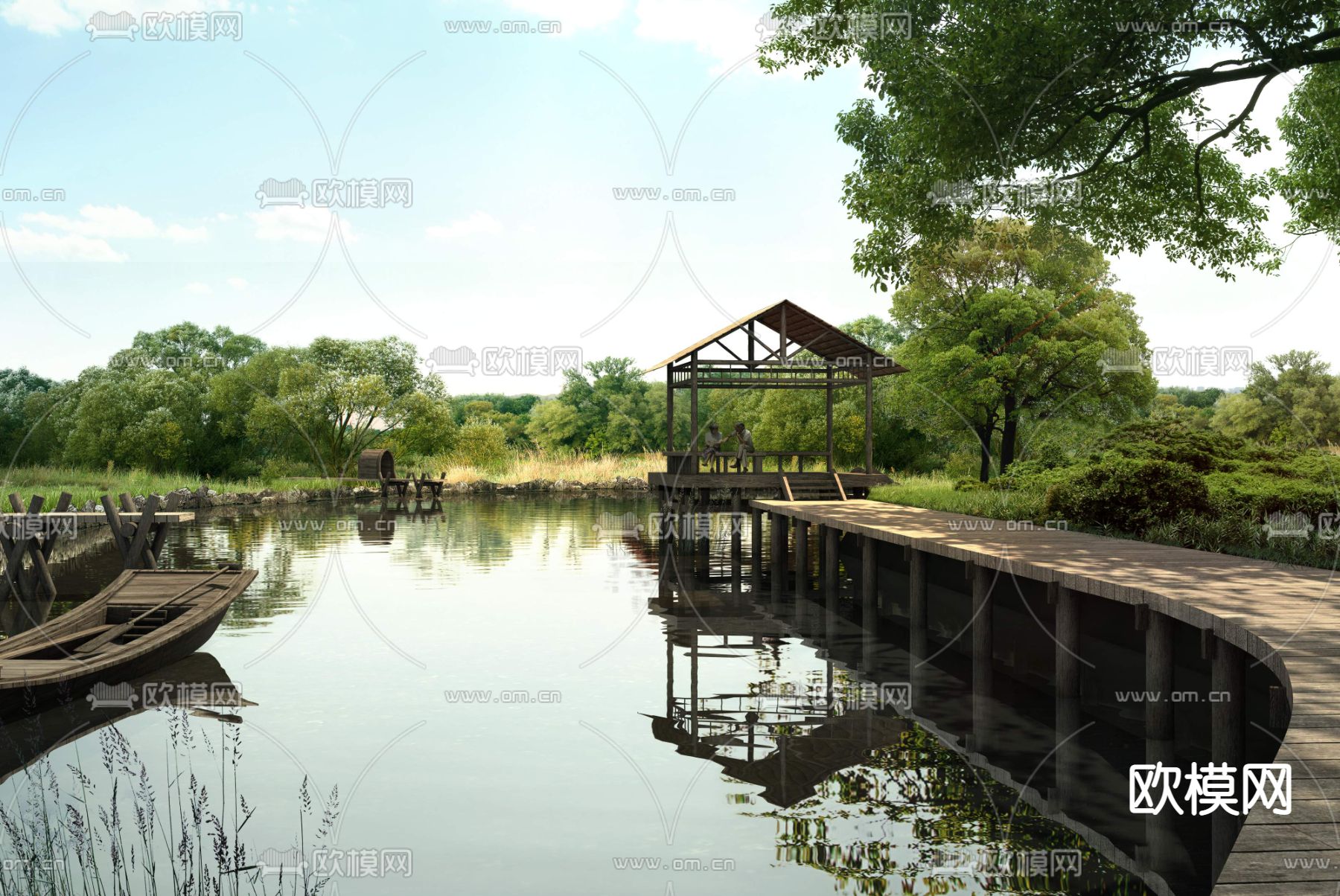 现代木栈道景观psd下载