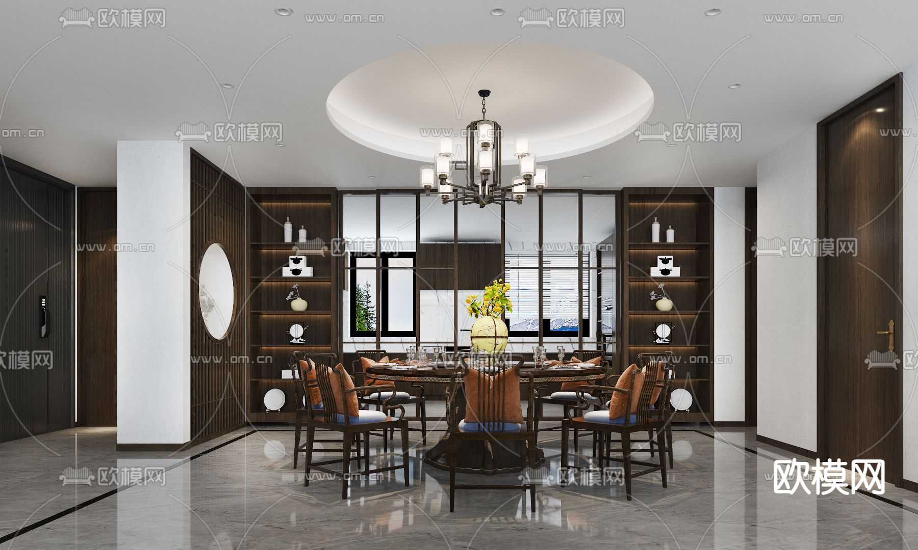 新中式客餐厅卧室免费3d模型下载（渲染图1）