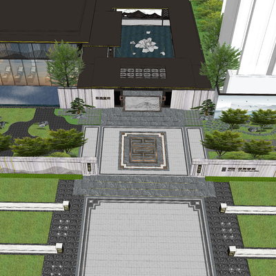  新中式会所鸟瞰su模型 