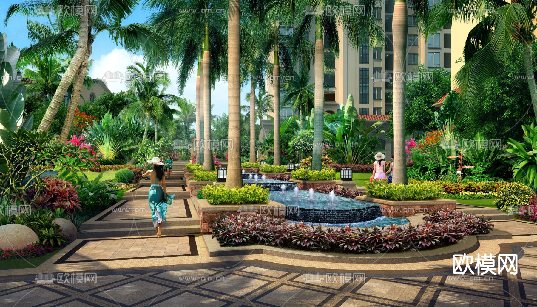现代热带住宅小区景观psd下载