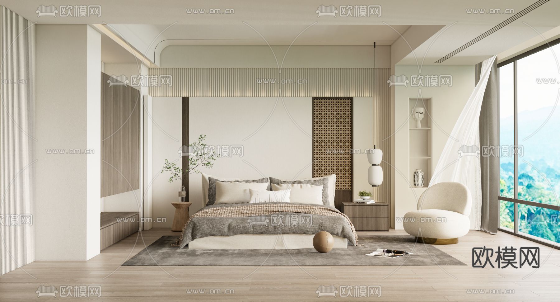 侘寂风卧室主人房su模型下载（渲染图1）