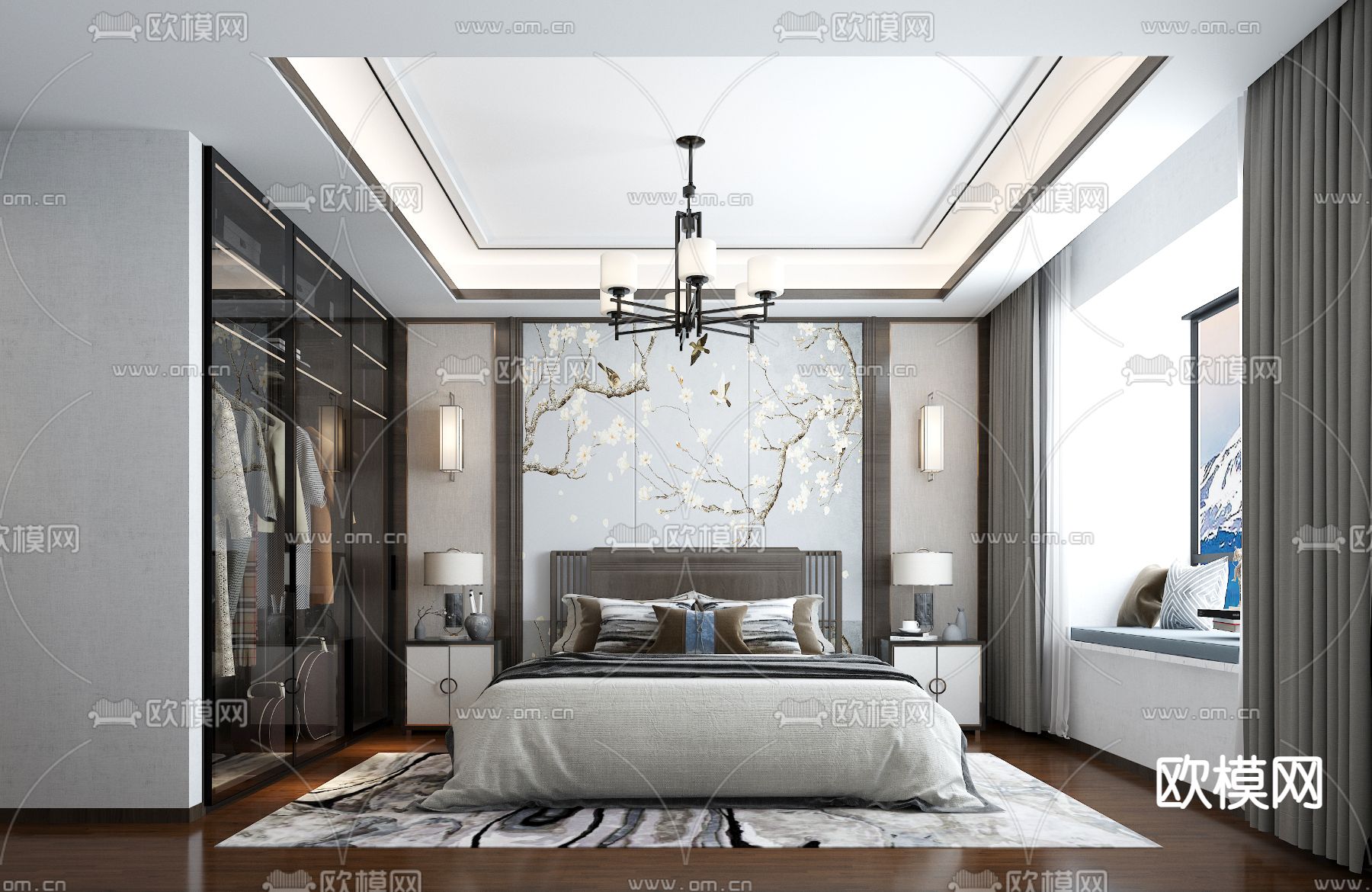 新中式客餐厅卧室免费3d模型下载（渲染图5）