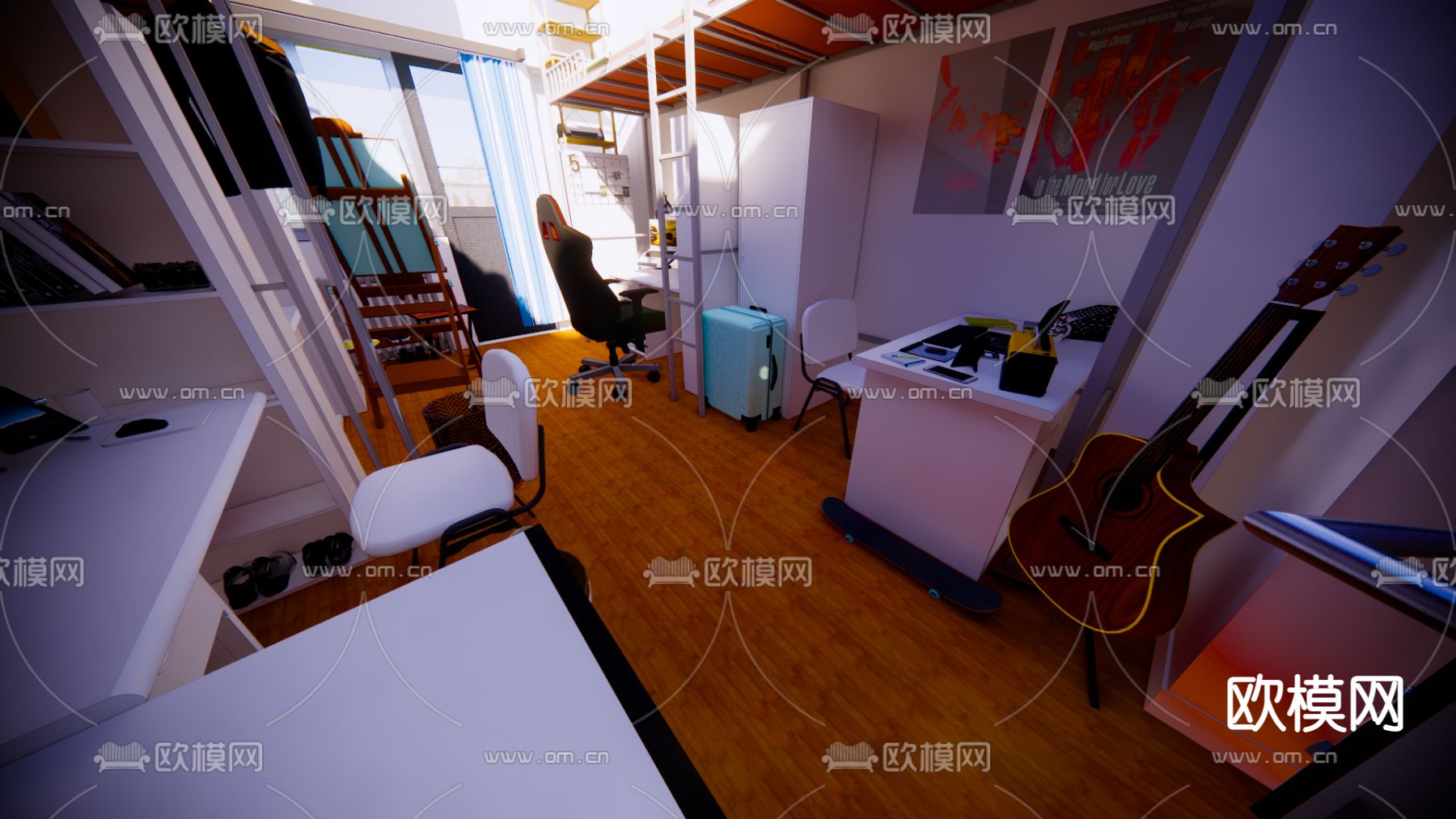 现代大学生宿舍免费3d模型下载（渲染图2）