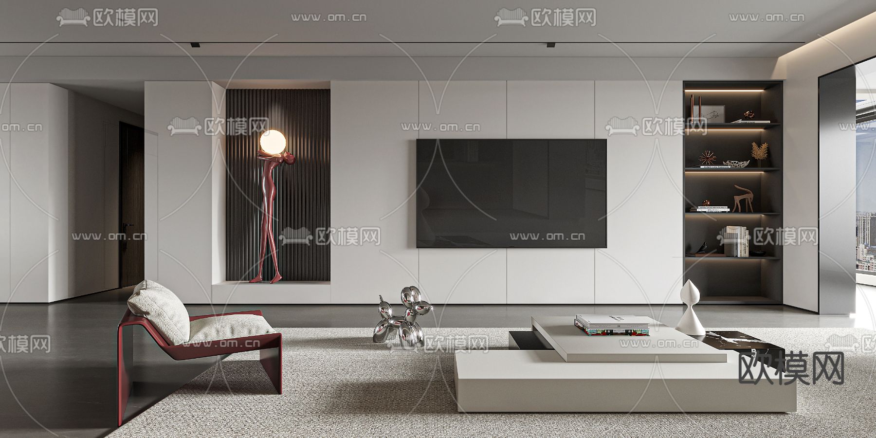 现代高级灰客厅餐厅3d模型下载（渲染图2）