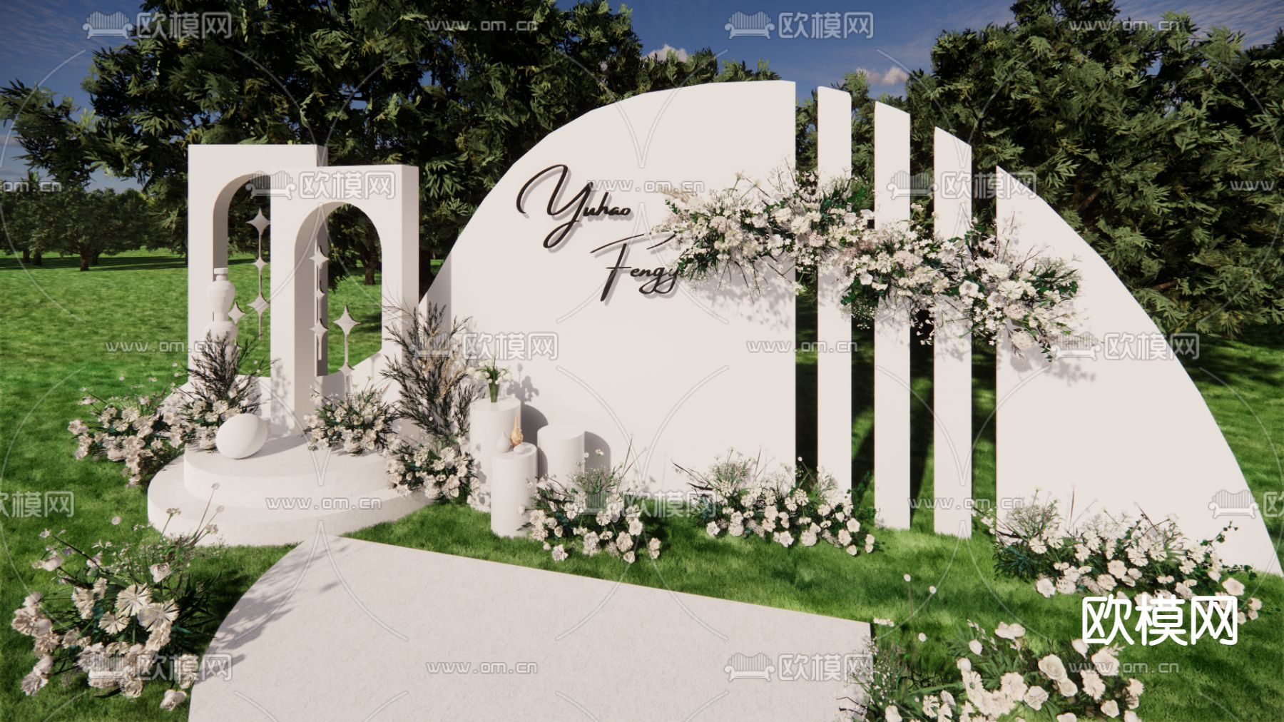 现代白绿色草坪婚礼su模型下载（渲染图3）