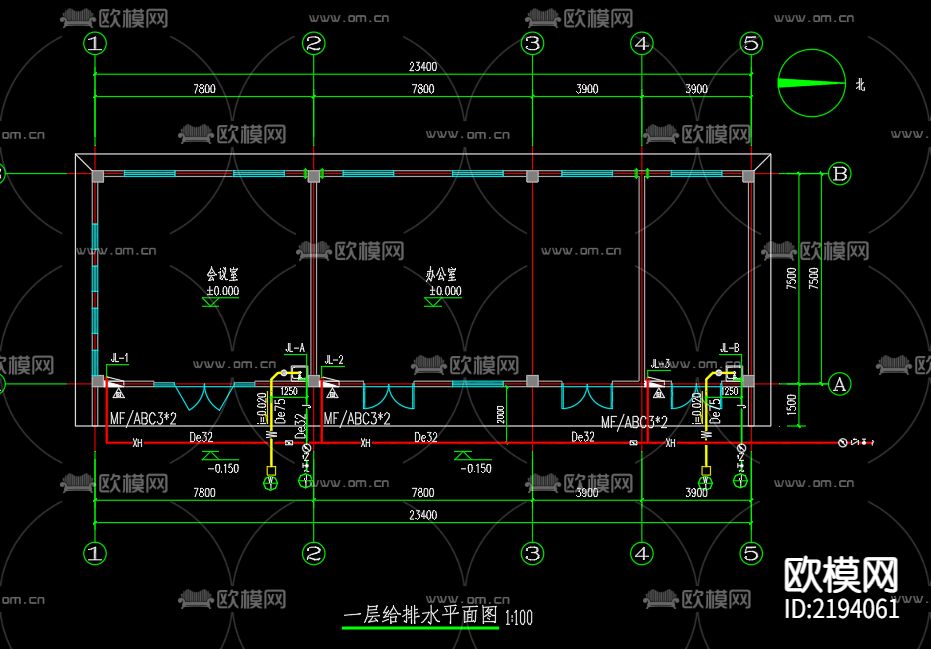 党群服务中心给排水cad施工图下载（渲染图3）