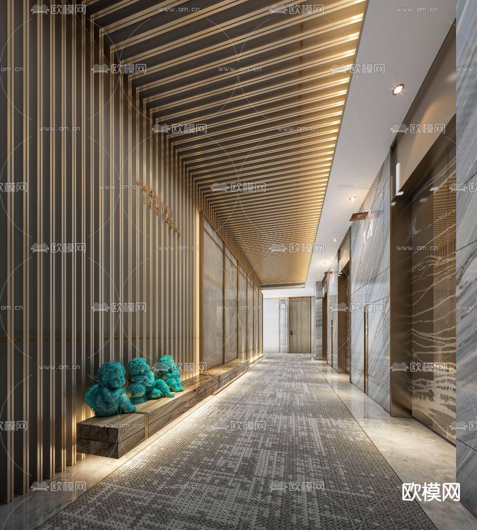 现代轻奢酒店电梯厅3d模型下载