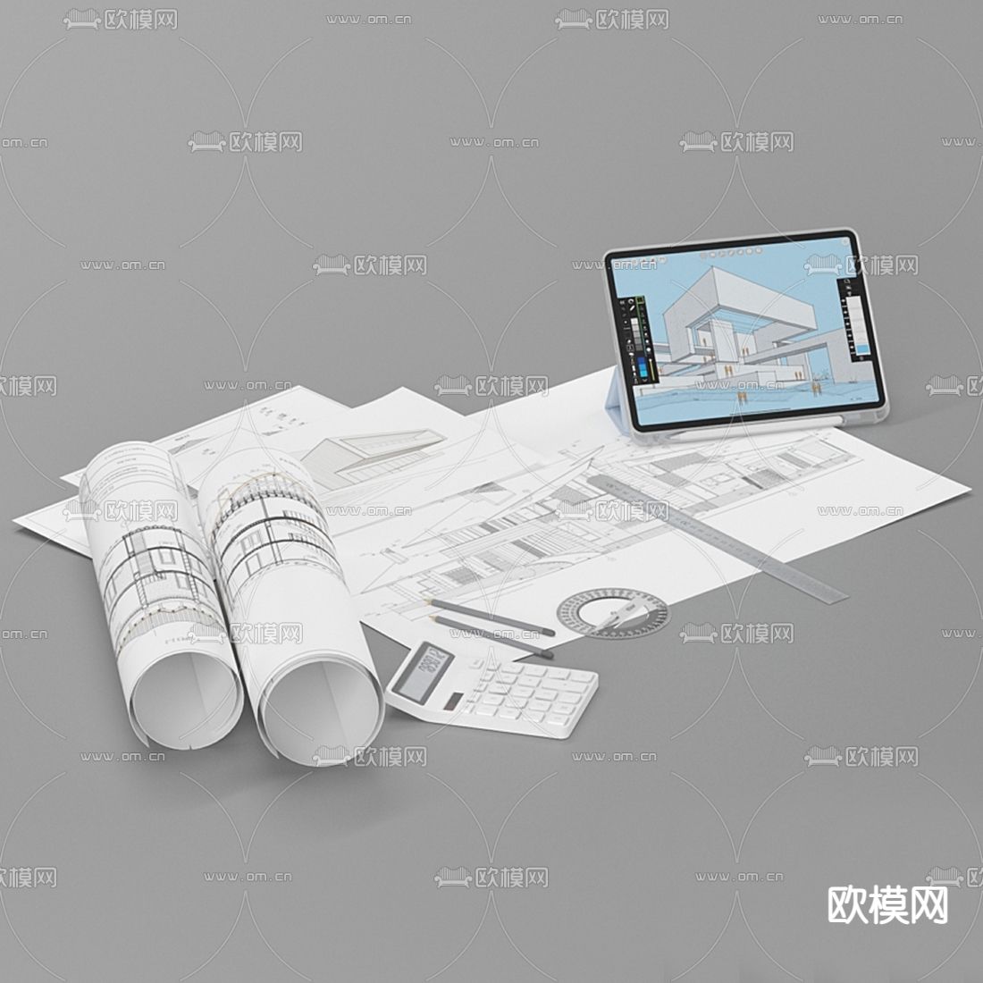 现代平板电脑建筑草稿图3d模型下载