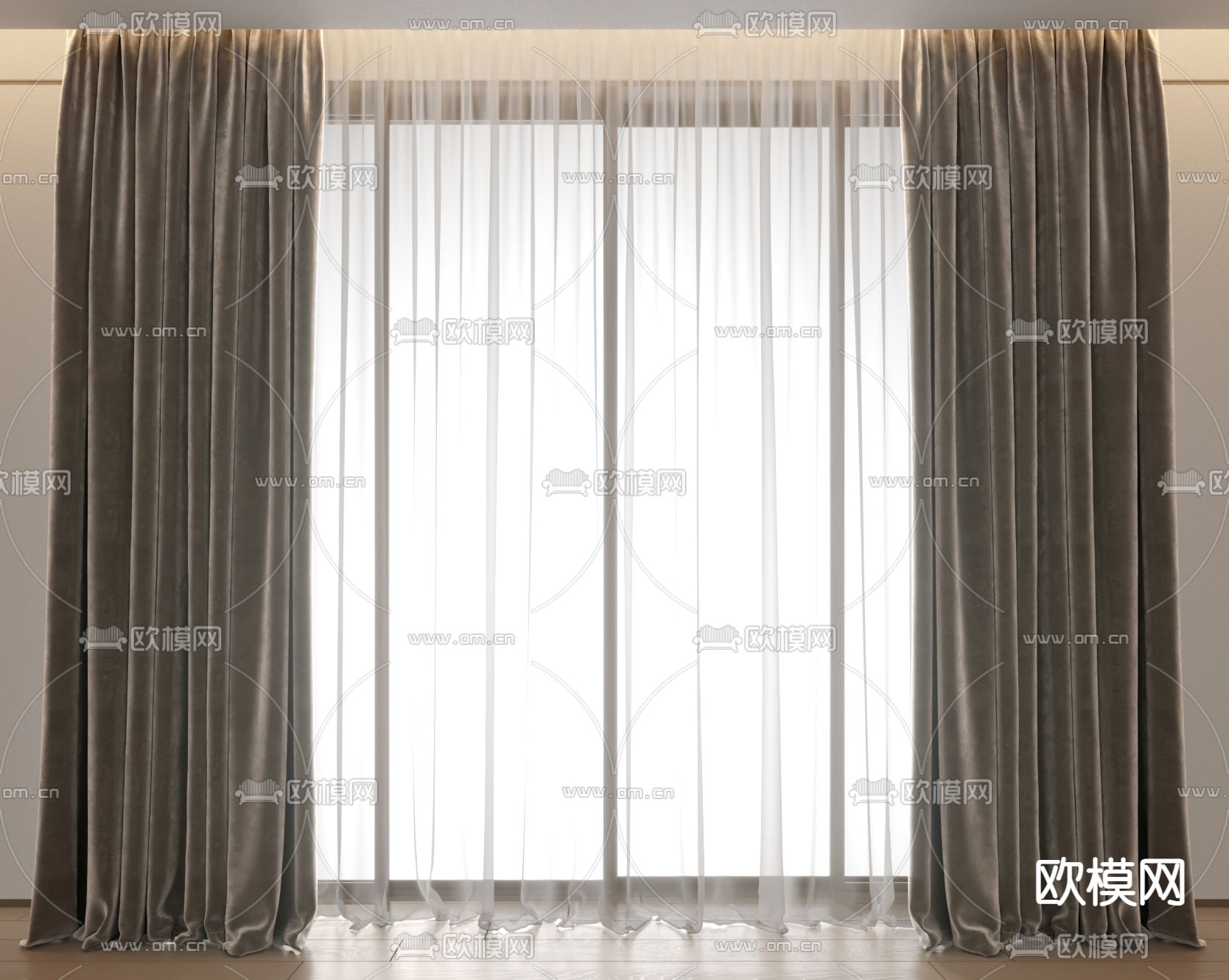 现代啡色绒布窗帘3d模型下载