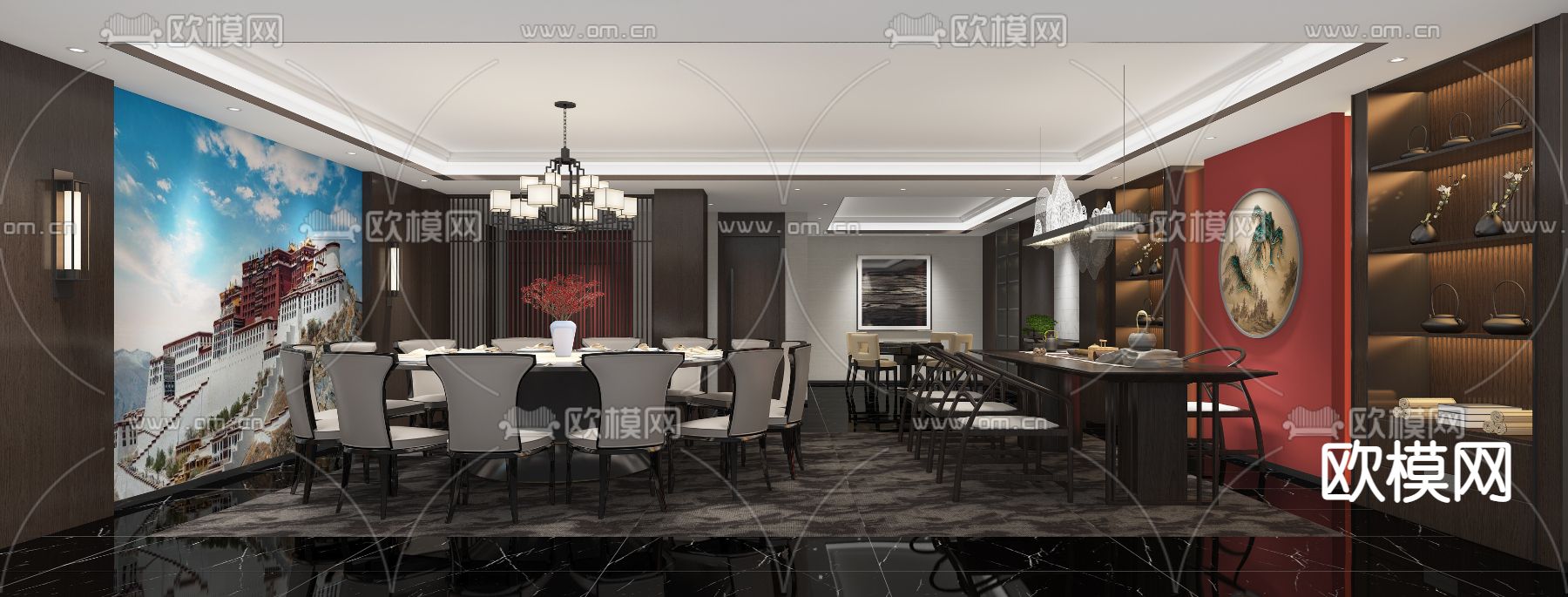 新中式餐厅包厢免费3d模型下载（渲染图1）