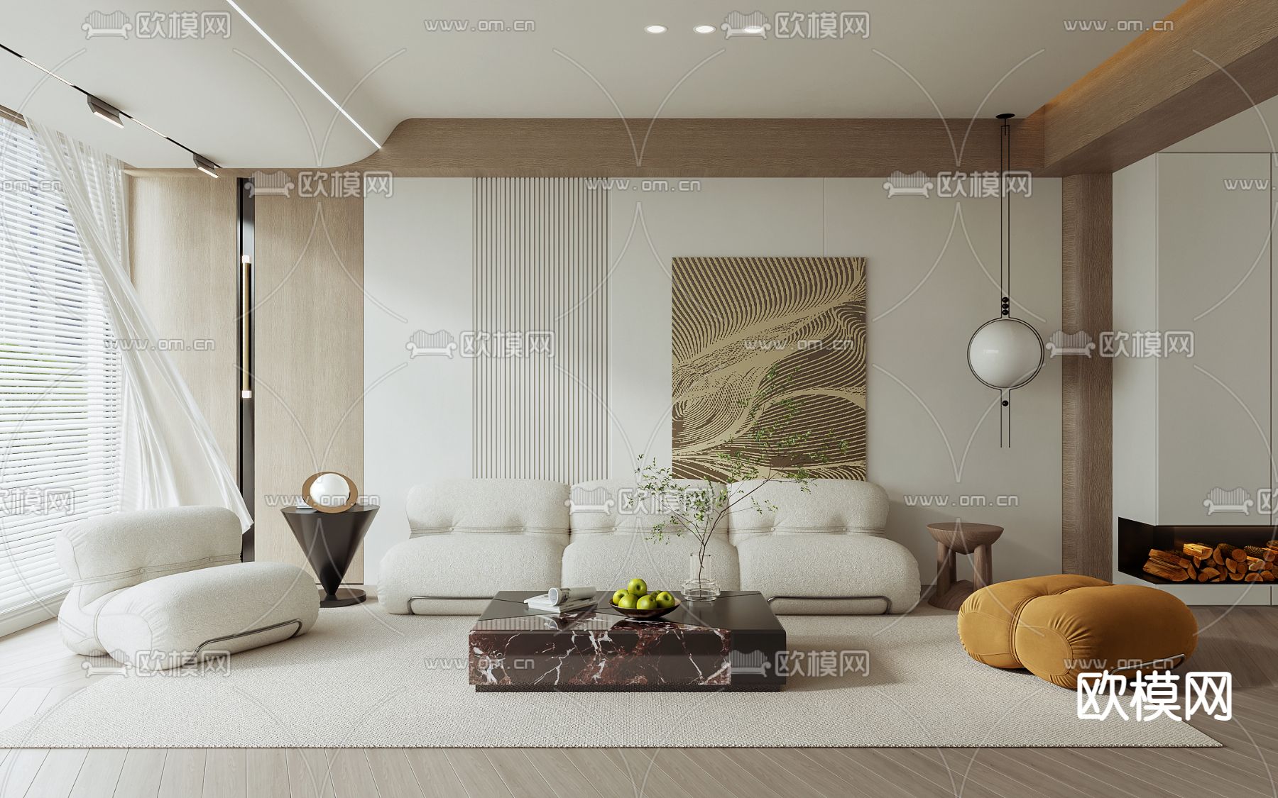 现代奶油风客厅3d模型下载_ID12027904_3dmax免费模型-欧模网