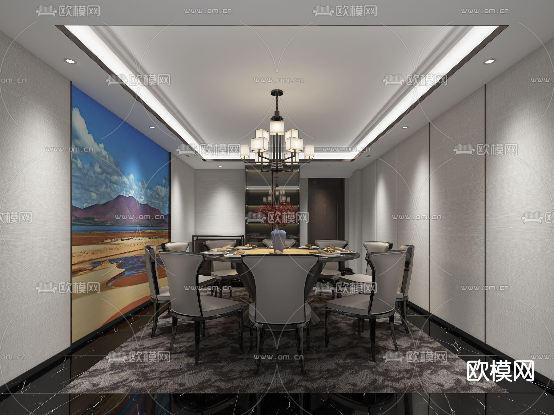 新中式餐厅包厢免费3d模型下载（渲染图2）