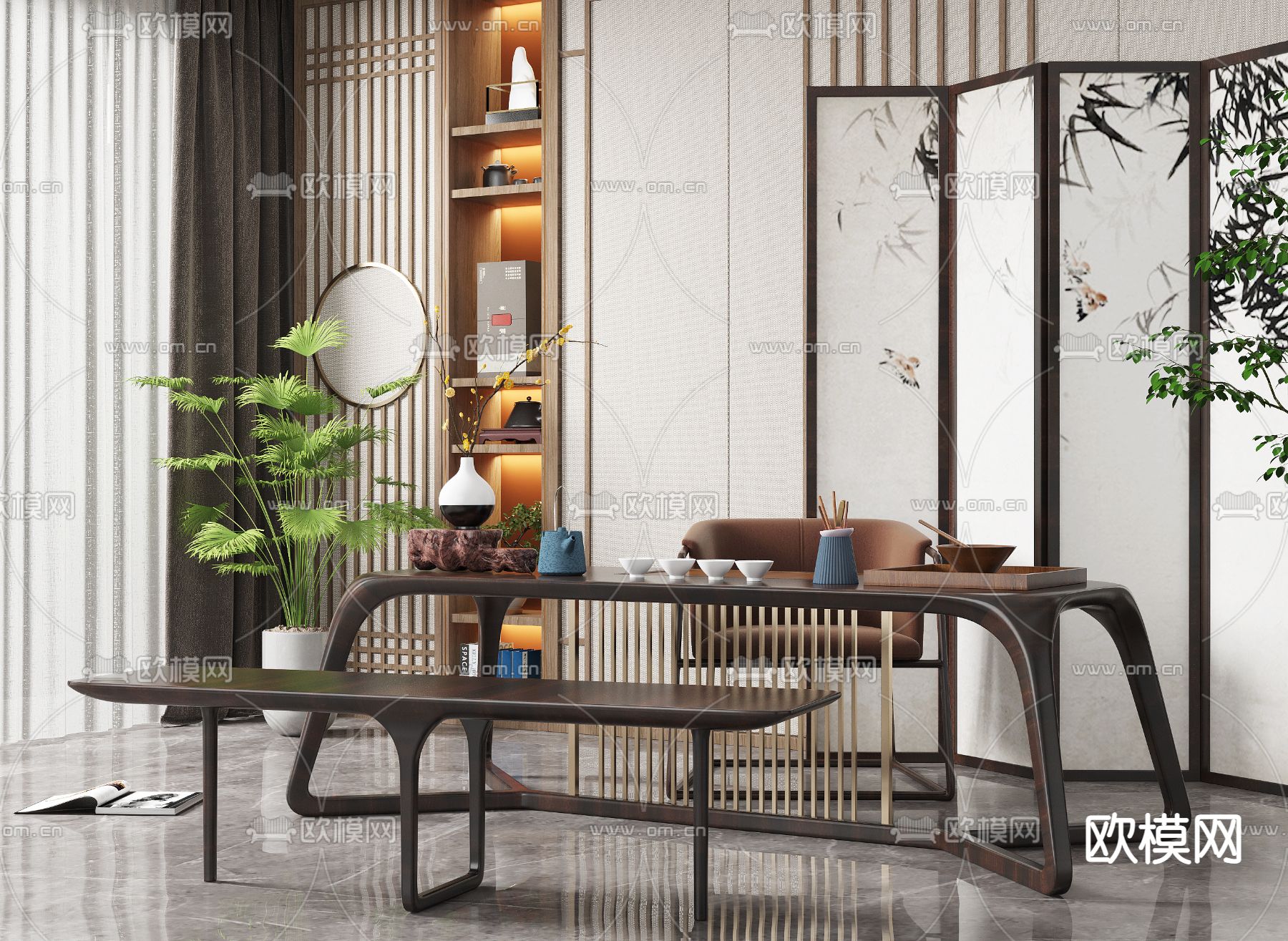 新中式实木茶桌椅3d模型下载