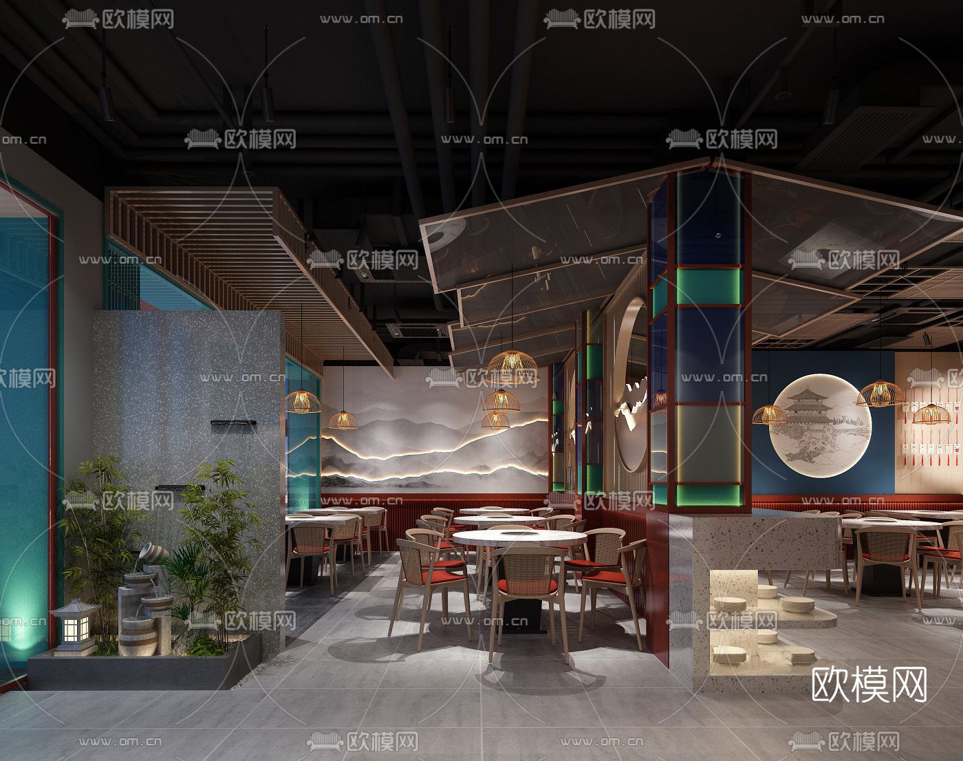 新中式火锅店3d模型下载（渲染图2）