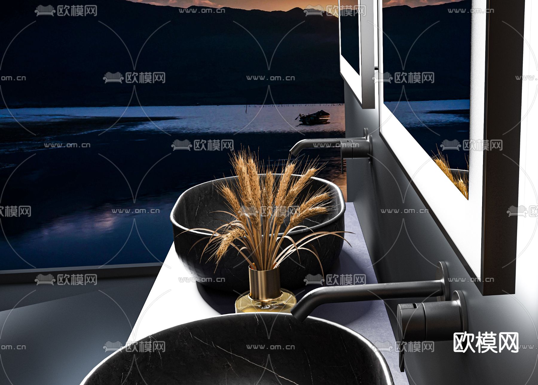 现代轻奢浴室柜双盆洗手台3d模型下载（渲染图2）