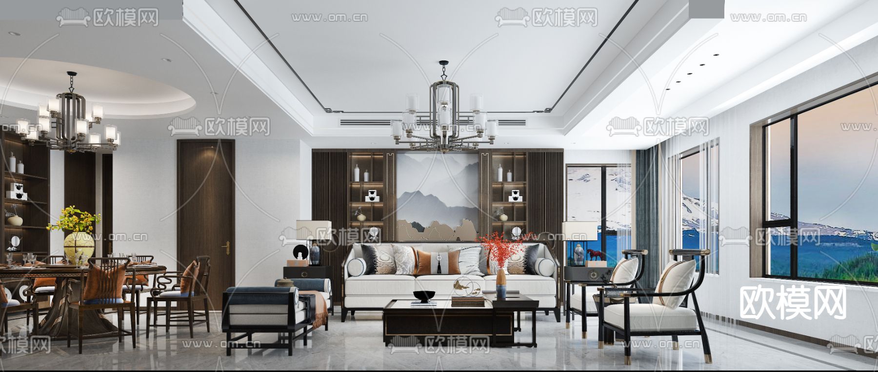 新中式客餐厅卧室免费3d模型下载（渲染图3）