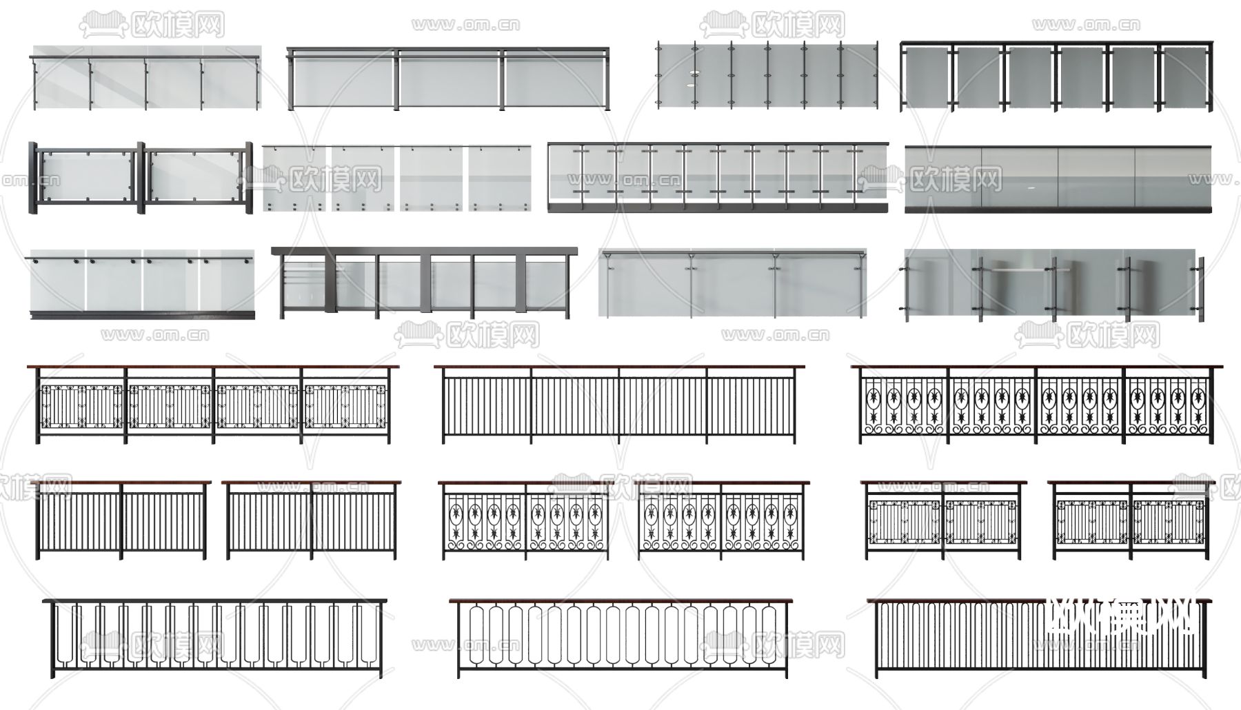 现代铁艺玻璃栏杆护栏3d模型下载