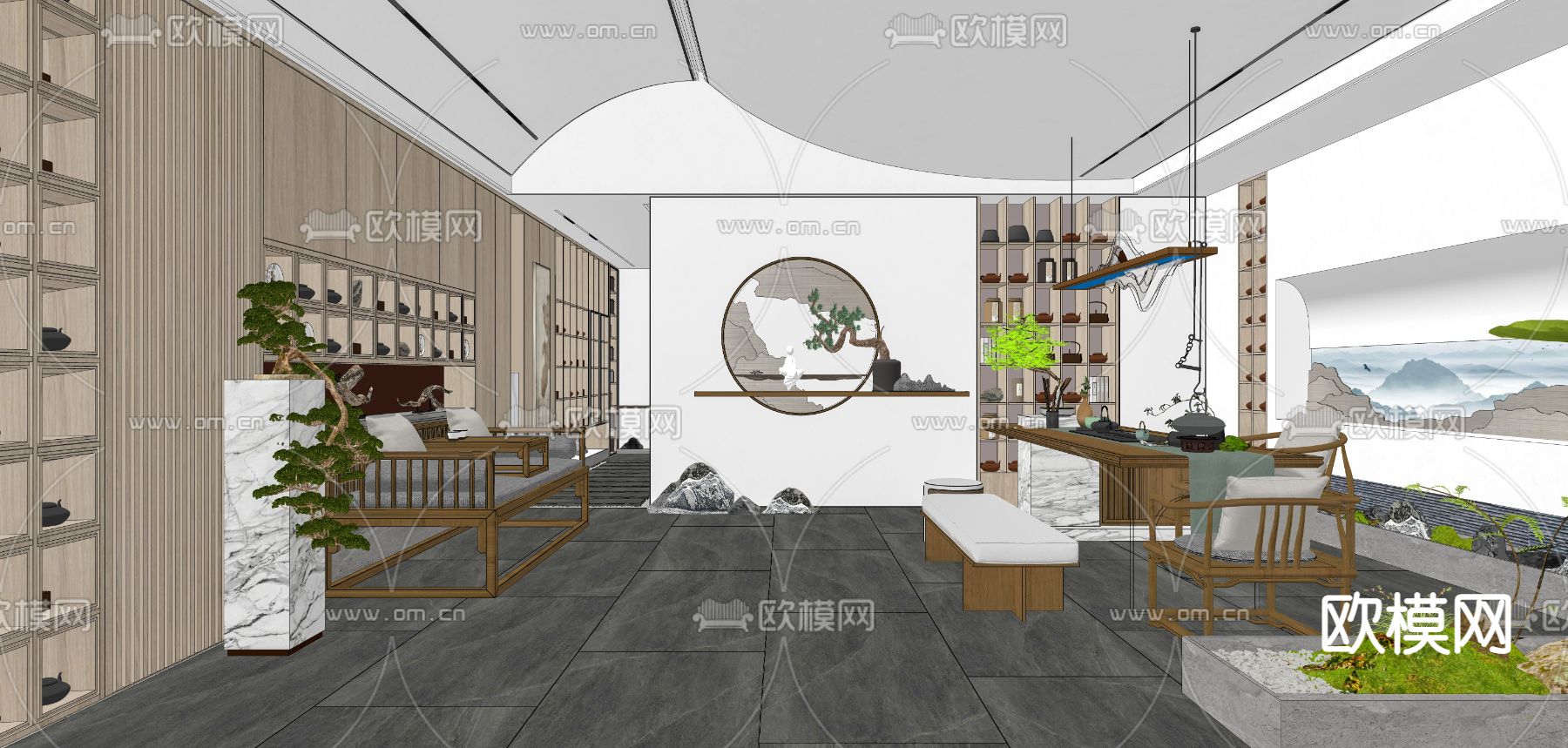 新中式茶馆茶室su模型下载（渲染图2）