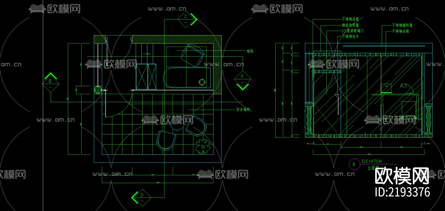 阳台装修CAD立剖面图下载（渲染图1）