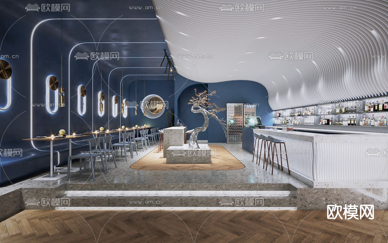 现代咖啡厅吧台su模型下载（渲染图1）