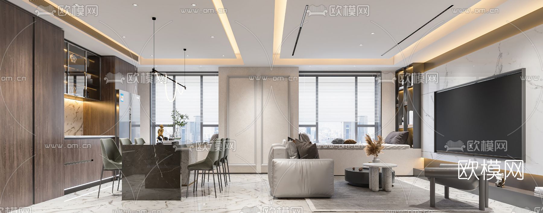 现代客厅餐厅3d模型下载（渲染图3）