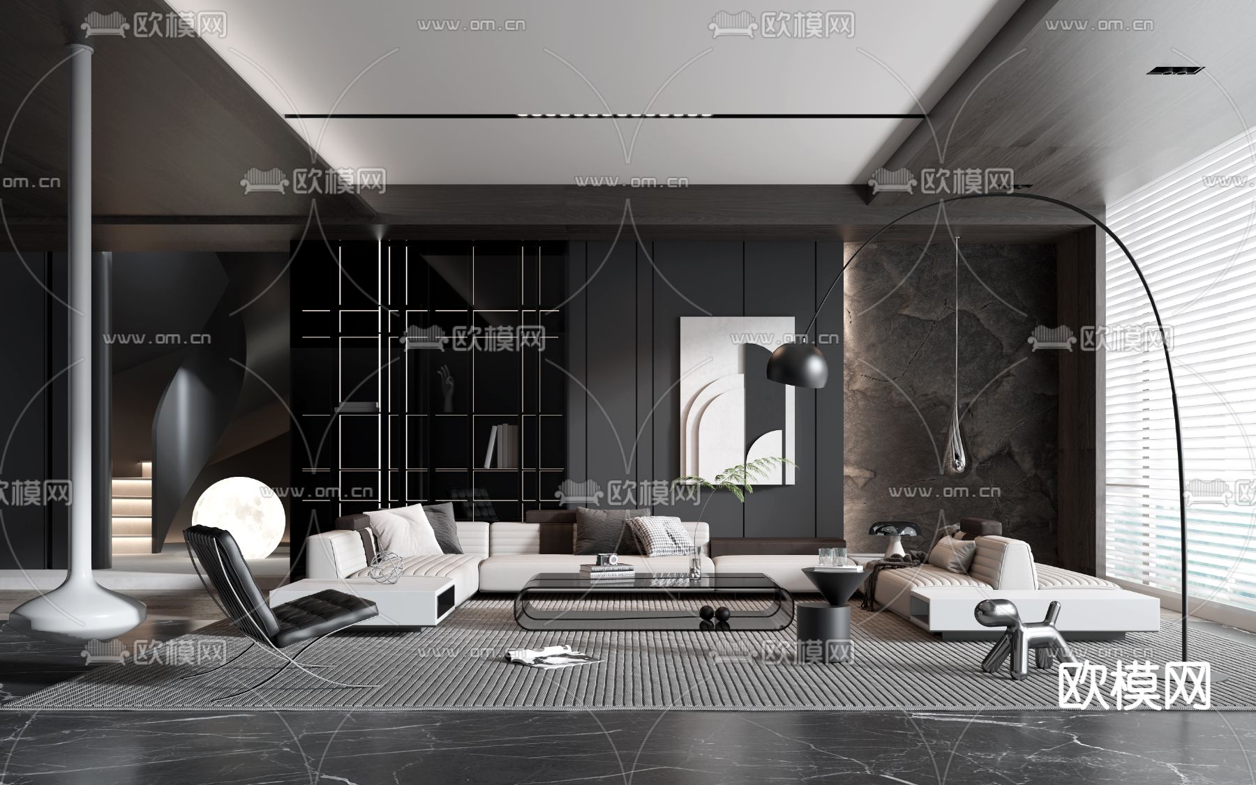 现代高级灰客厅3d模型下载（渲染图1）