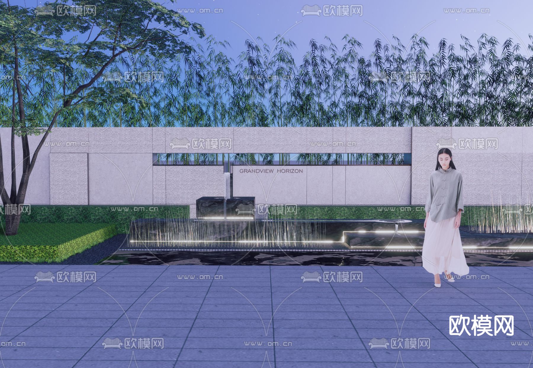 新中式景墙叠水水景小品su模型下载_ID12024428_sketchup模型下载-欧模网