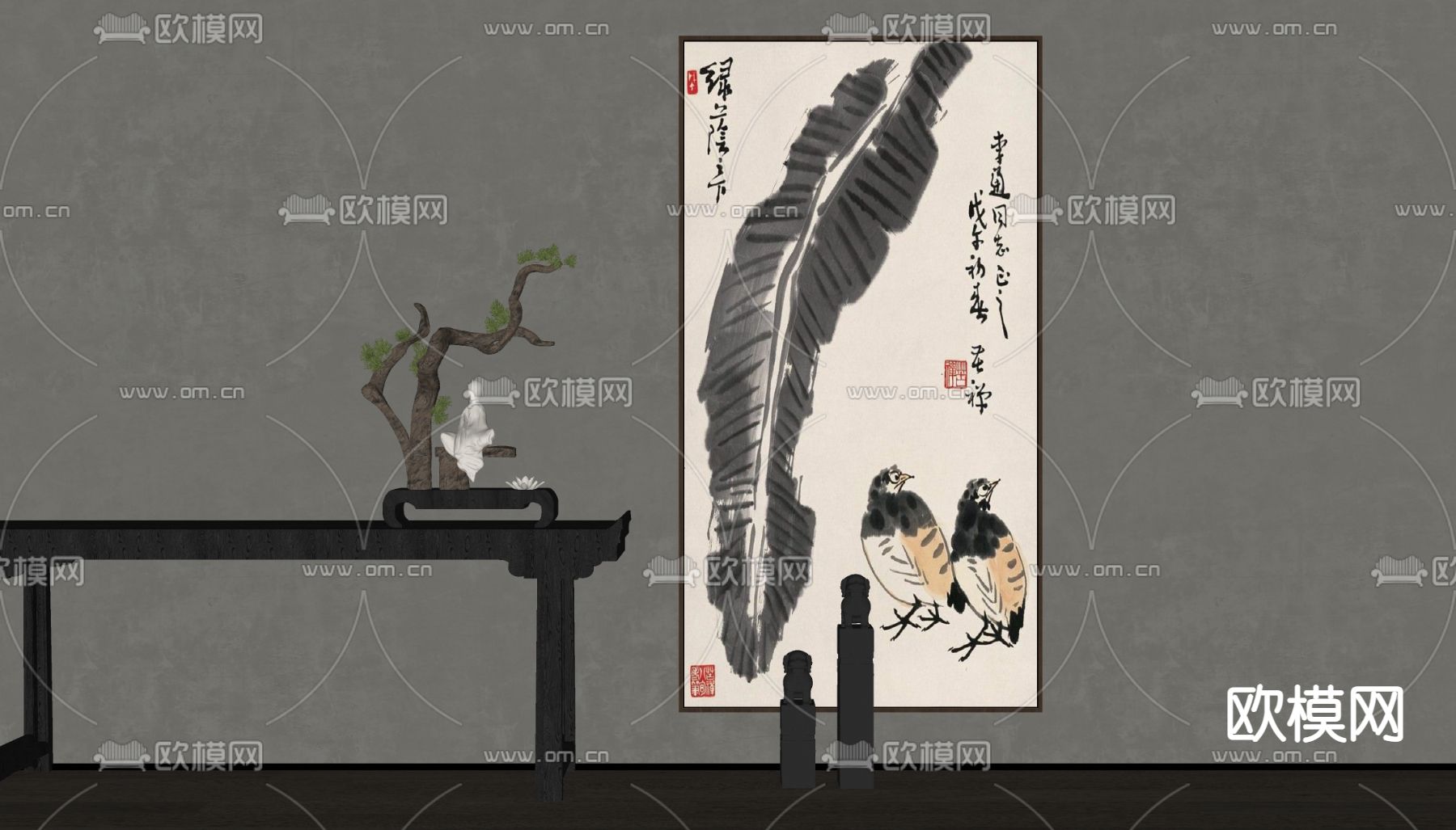 新中式水墨装饰画su模型