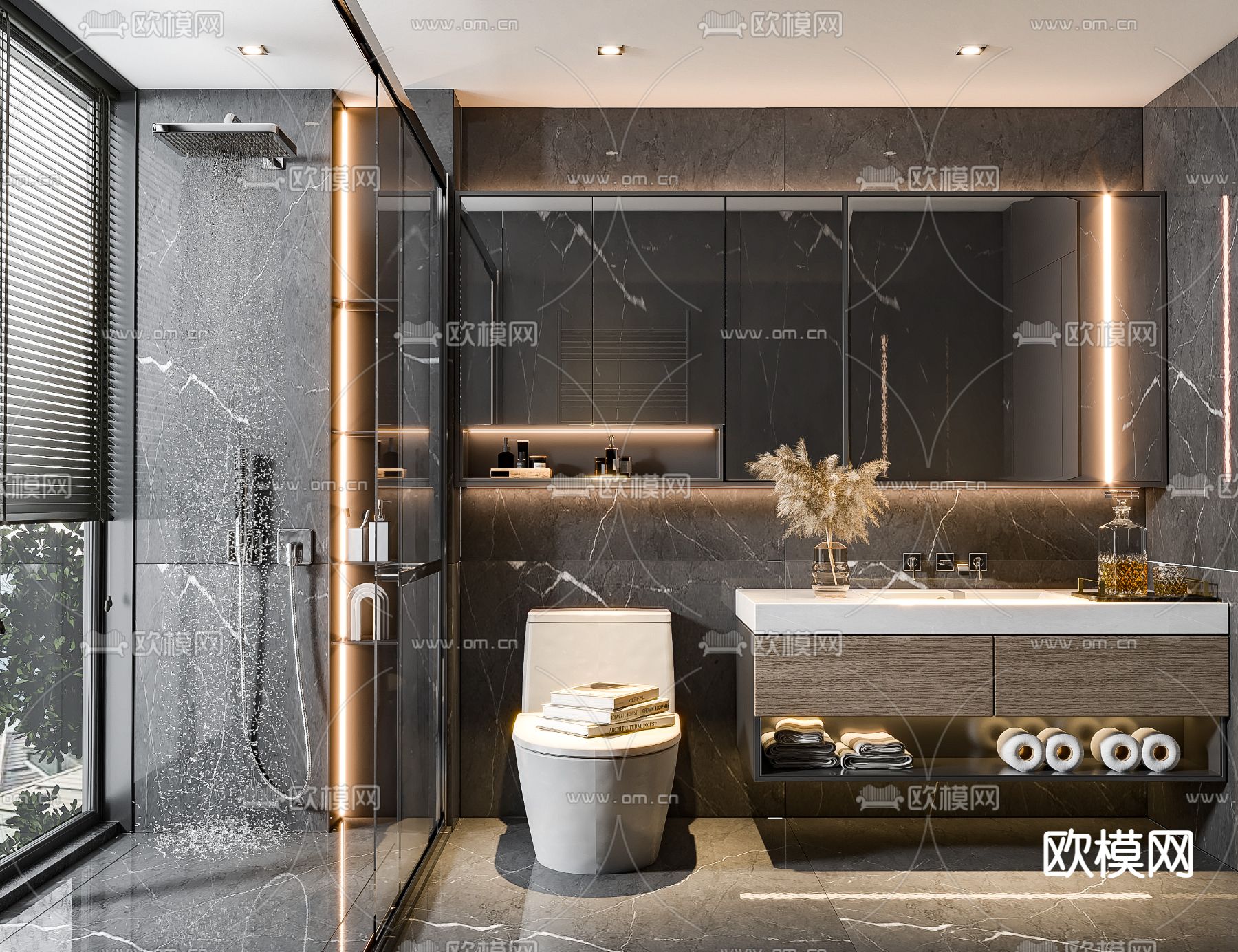 现代高级灰卫生间浴室su模型下载（渲染图1）
