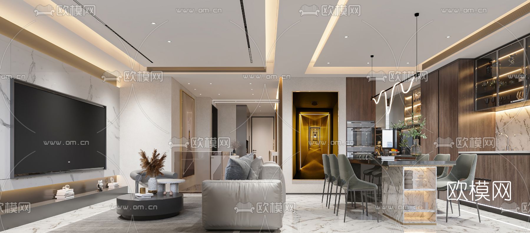 现代客厅餐厅3d模型下载（渲染图1）