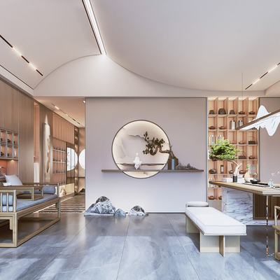  新中式茶馆茶室su模型 