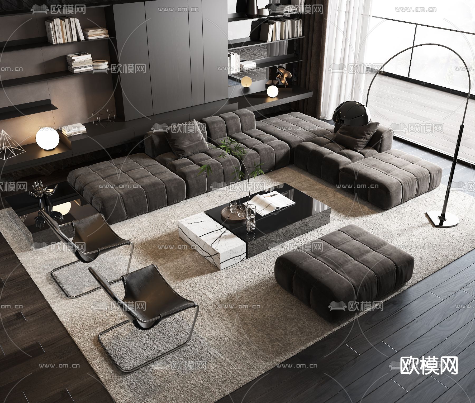 现代灰黑色转角沙发组合3d模型下载_ID12029126_3dmax免费模型-欧模网