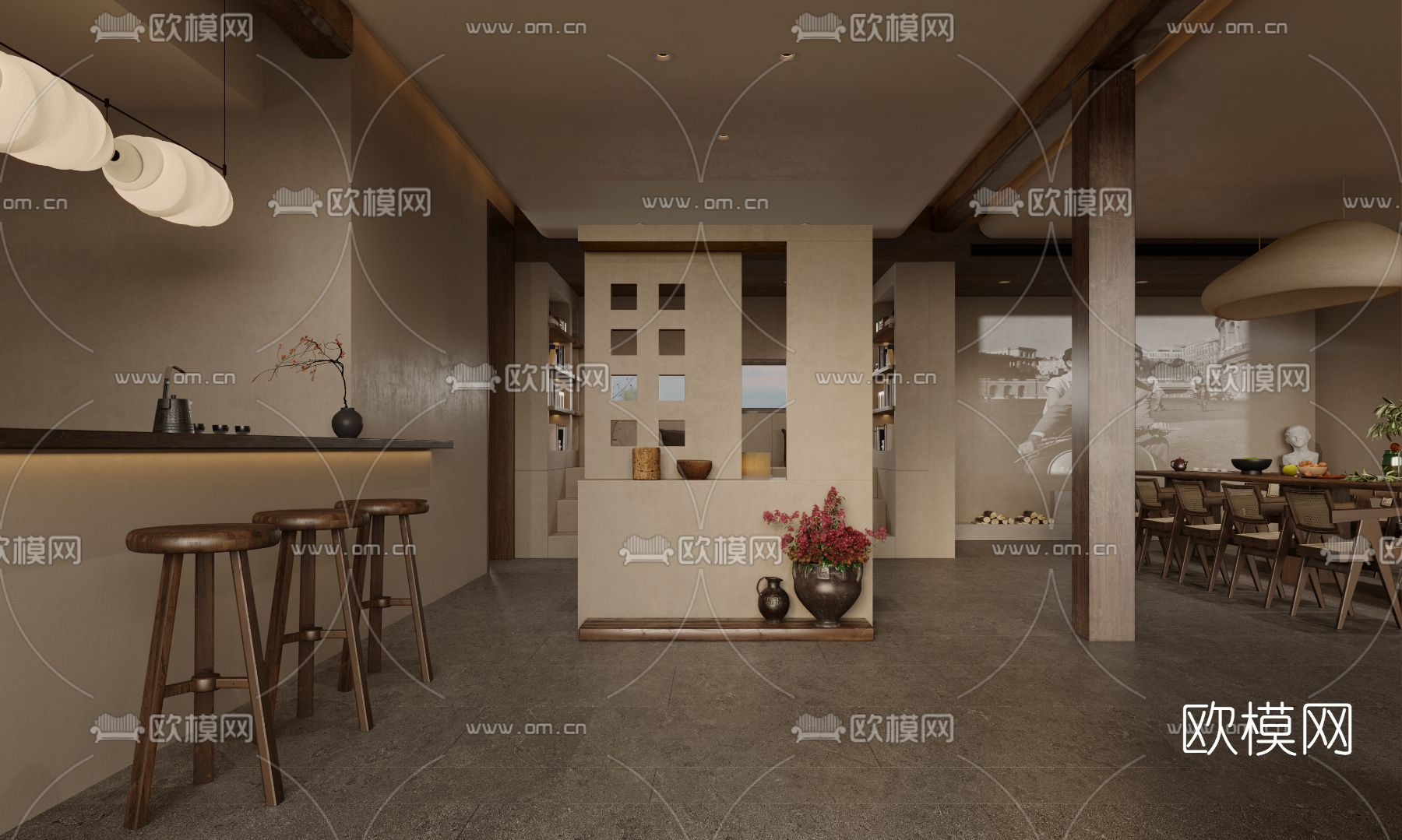 侘寂风民宿大堂3d模型下载_ID12024450_3dmax免费模型-欧模网