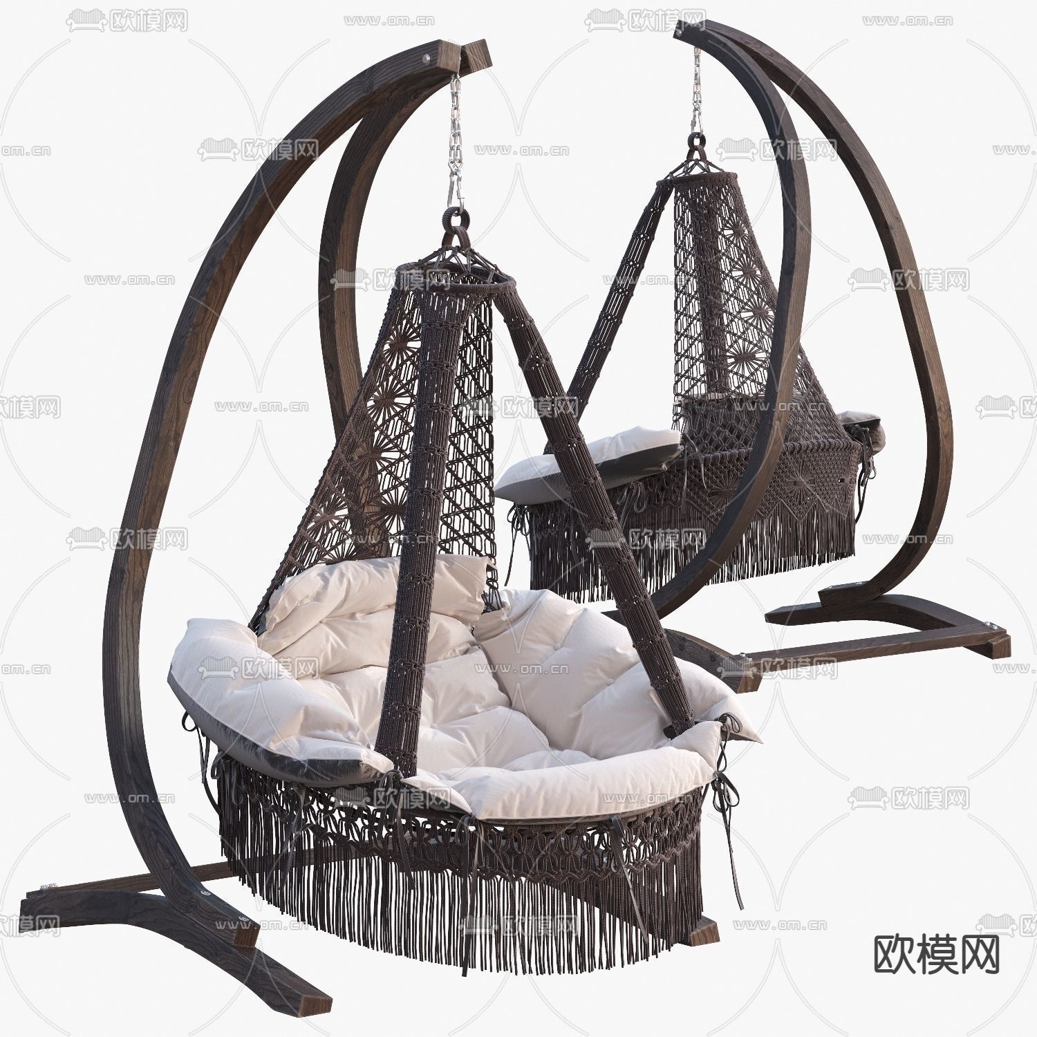 现代实木绳编吊椅3d模型下载（渲染图1）