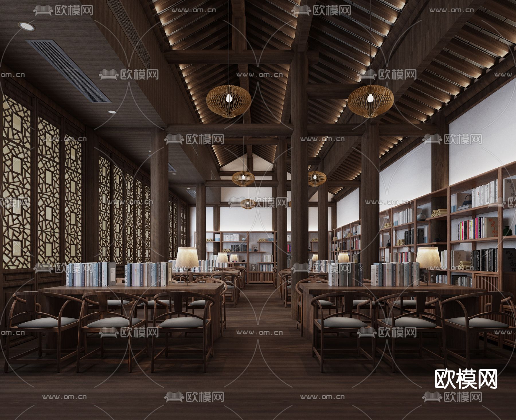 中式古建书店图书馆3d模型下载