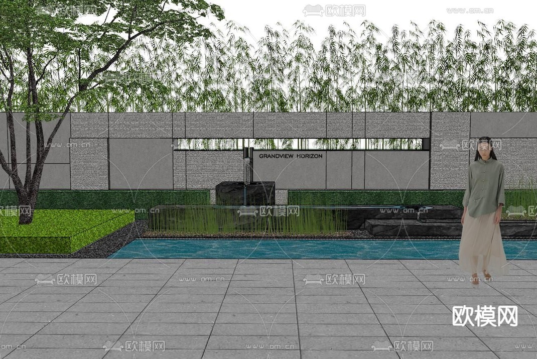 新中式景墙叠水水景小品su模型下载_ID12024428_sketchup模型下载-欧模网