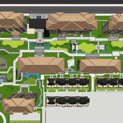  新中式小区住宅鸟瞰su模型 