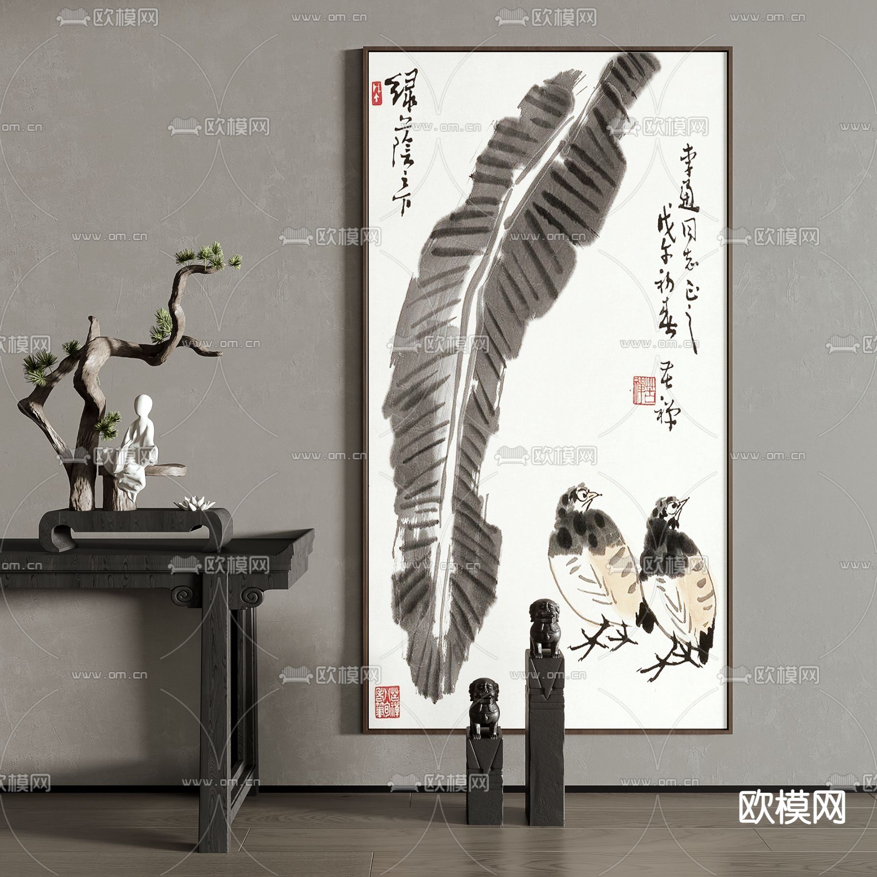 新中式水墨装饰画su模型