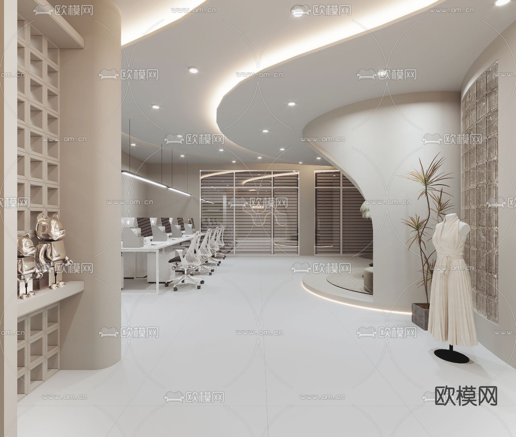 侘寂风敞开式办公室3d模型下载（渲染图2）